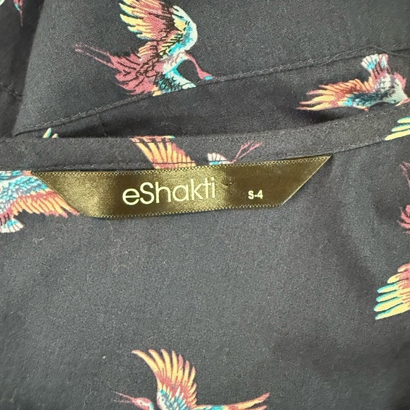 eShakti Navy Bird Print Cotton Poplin Surplice Dress - Picture 2 of 4